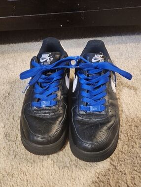 Nike Air Force 1 Low By You Black Leather Sneakers with Bright Blue Laces